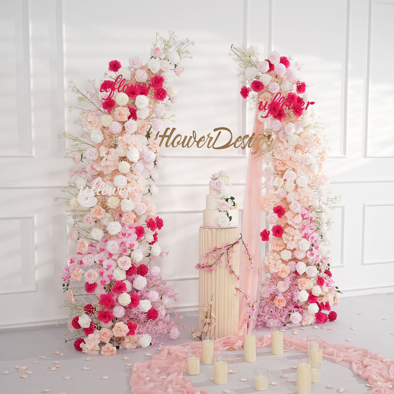 Uflower Pink White Floral Horn Arch Wedding Party Backdrop Decor